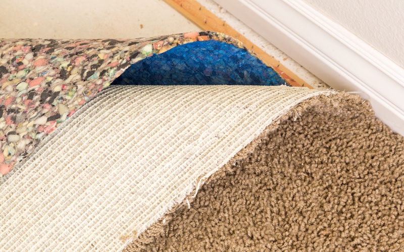 Worn-out carpet and padding are being removed as recommended by Zerorez.